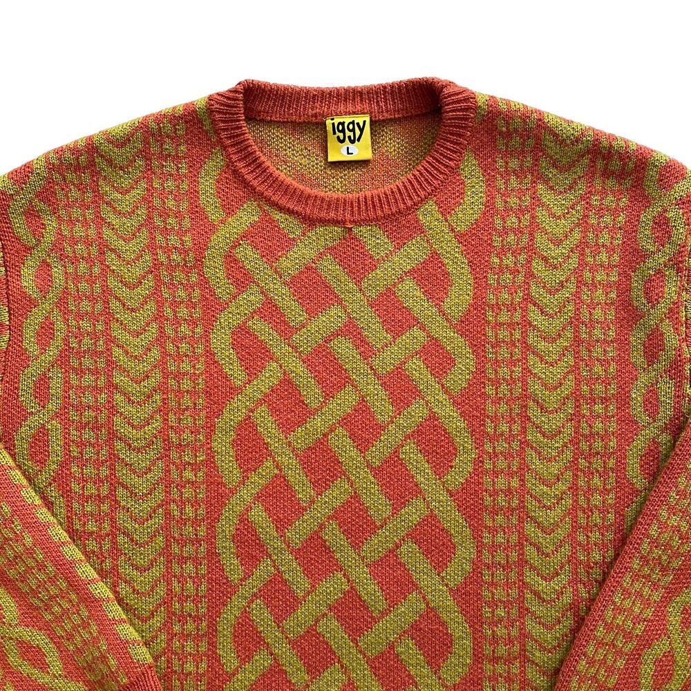 Iggy Drawn Cableknit Jacquard Sweater Honey Large Wool Blend Heavy Knit